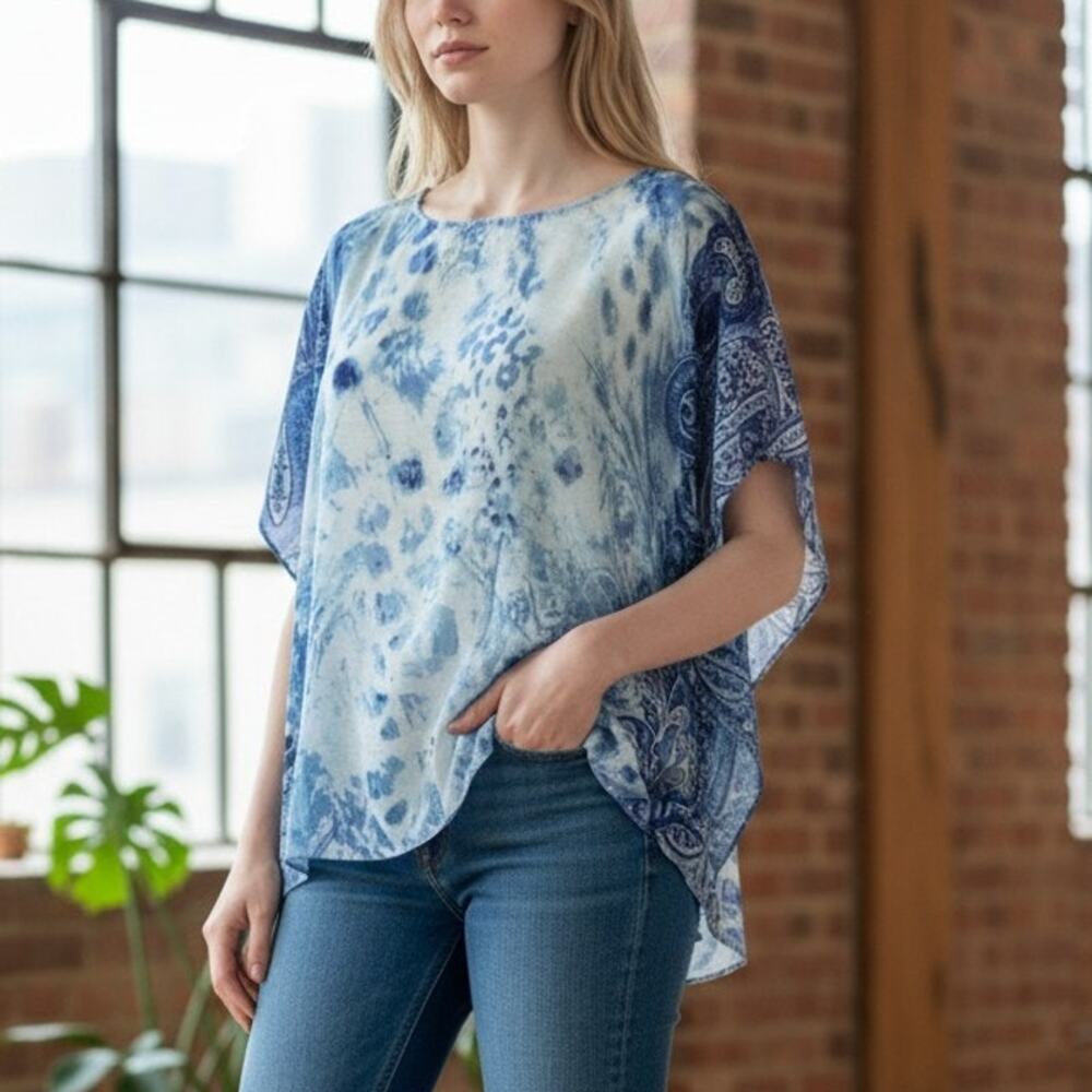 Chico's Blue Water Color Animal Print Paisley  Top S/ M